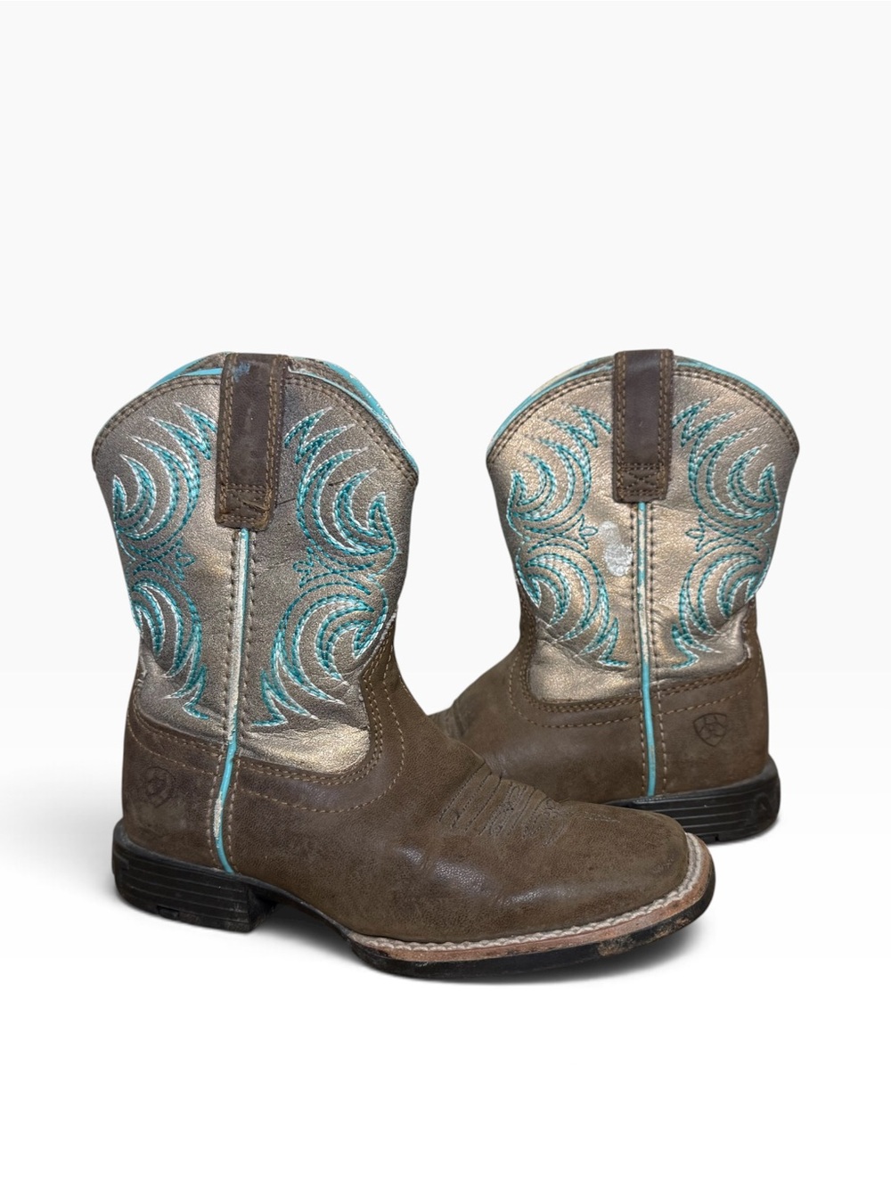 Ariat Brown Teal Square Toe Embroidered Western Cowboy Boots Girls Leather